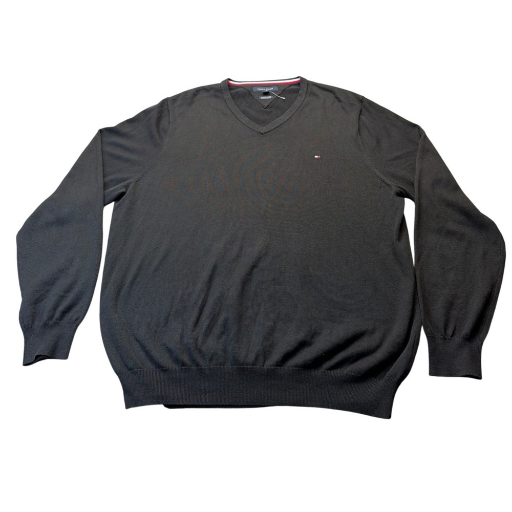 Tommy Hilfiger Men XXL Black Premium Cotton V-Neck Logo Knit Sweater Long Sleeve